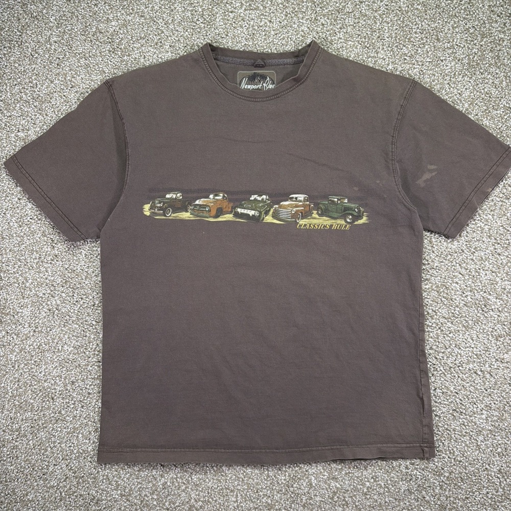 Vintage Brown Faded Classic Cars Tee Newport Blue Y2K Size XLarge